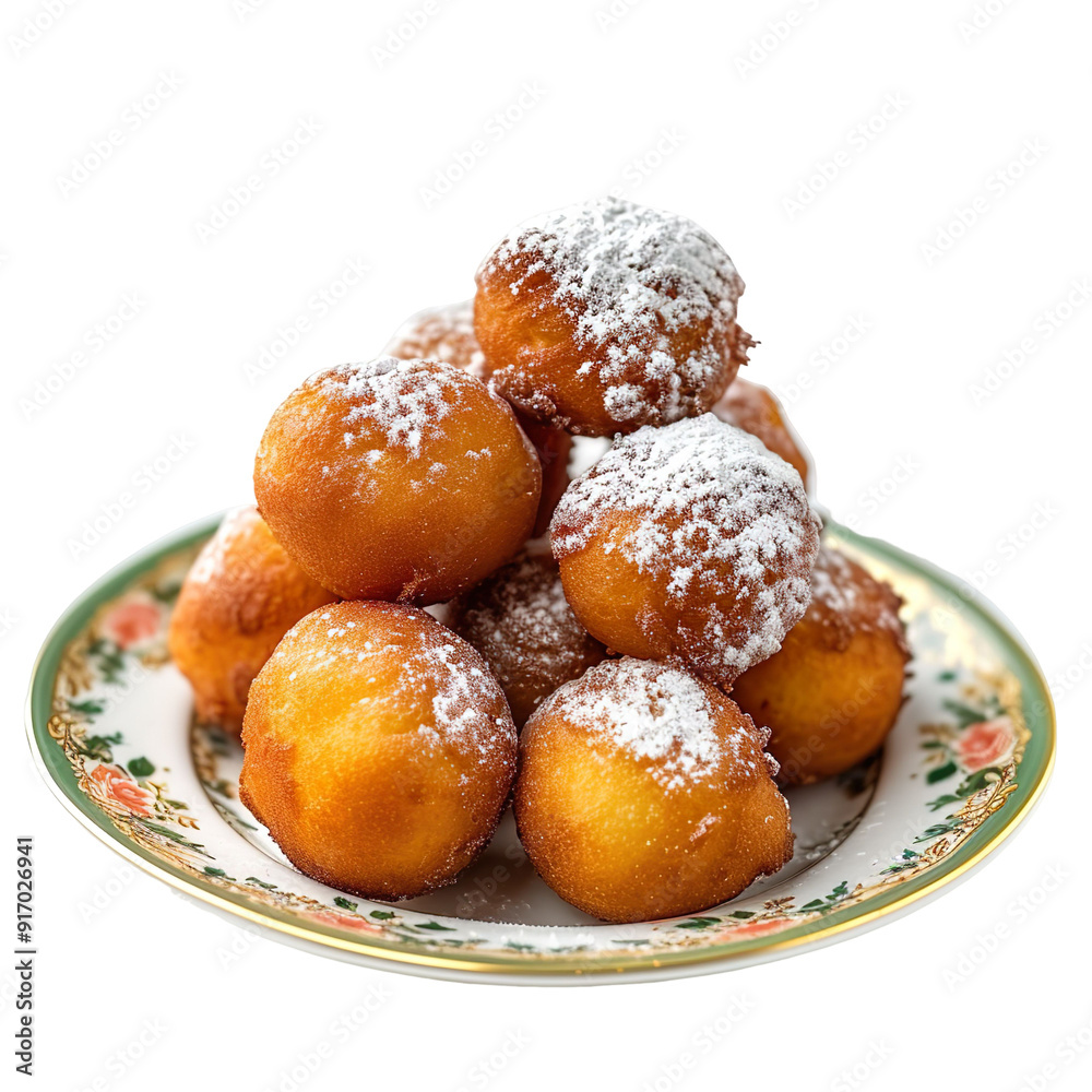 Wall mural front view of quarkbällchen with german quark balls, deep-fried and dusted with powdered sugar, isol