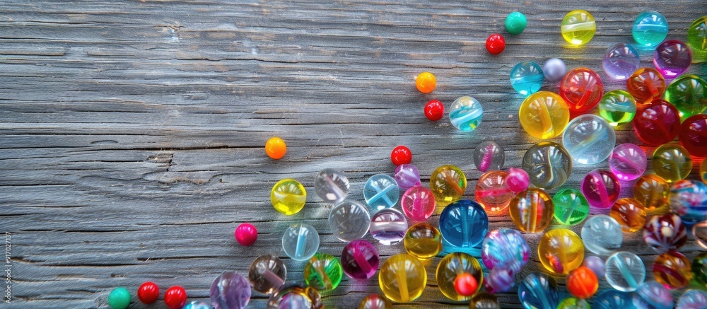 Poster colorful beads and marbles arranged on a wooden surface with a grey backdrop leaving copy space for 
