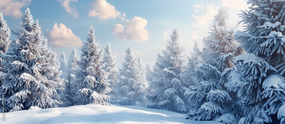 Poster Winter scene with snowy trees creating a holiday themed copy space image perfect for Christmas and New Year greetings