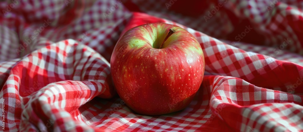 Poster Apple displayed on a clothed surface with red and white checkered pattern available for placement of text or objects in an image. . image with copy space