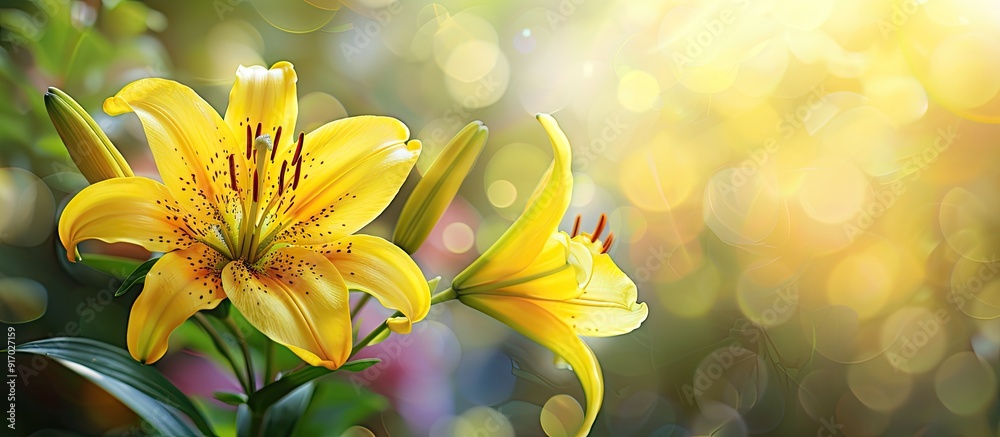 Aufkleber a vibrant yellow lily blooming in a summer garden with a blank space for an image. . image with copy