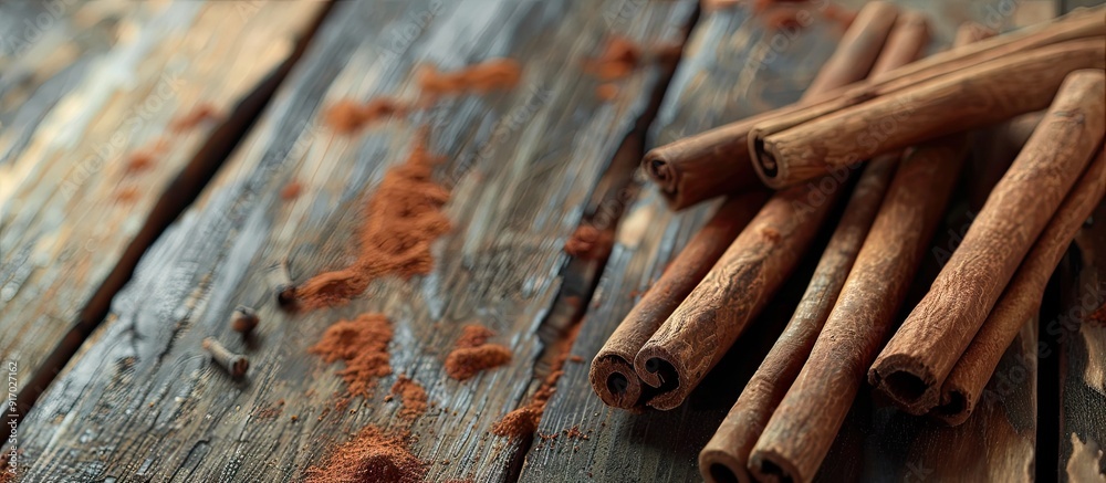 Aufkleber Several fragrant cinnamon sticks displayed on a wooden table with space for placing images. . image with copy space