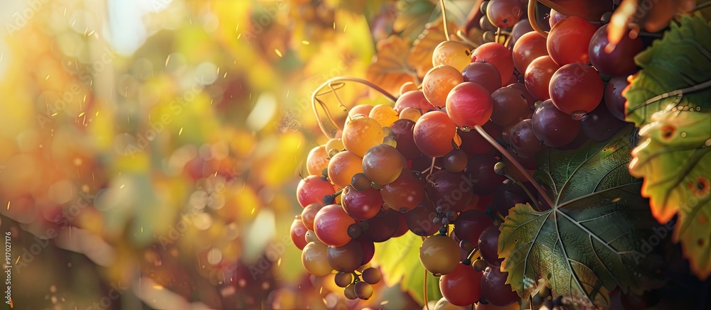 Poster Autumn s harvest in a vineyard with a large bunch of ripe grapes on the vine creating a fruit concept with copy space image