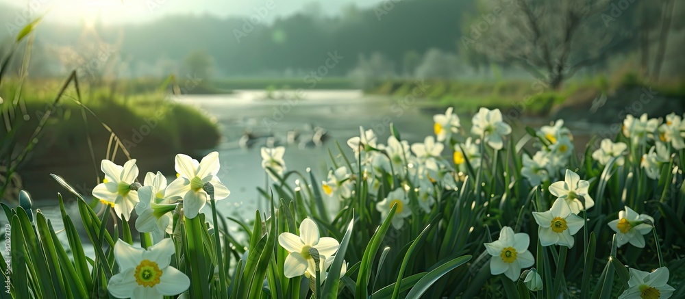 Poster stunning narcissus blooming in the spring with a breathtaking backdrop perfect for a copy space imag