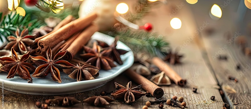 Poster Table setting with anise star cinnamon sticks and cloves creating a warm and aromatic display in a copy space image