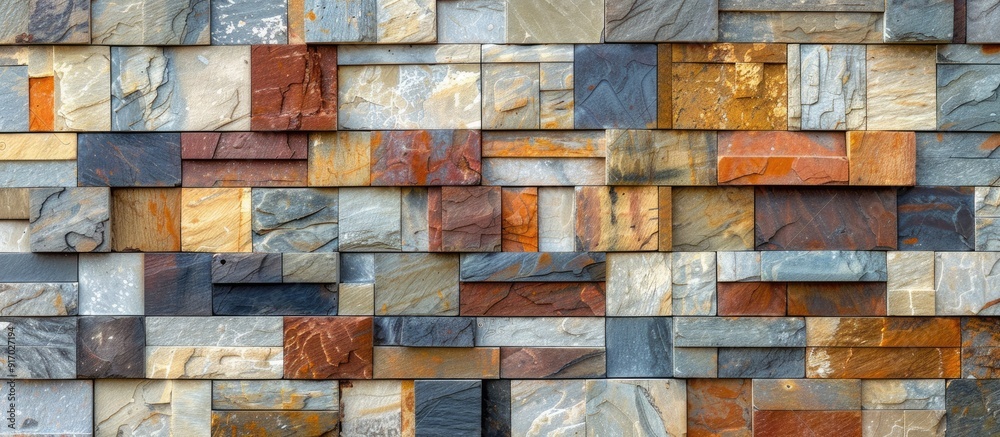 Poster Rectangular sandstone sticks in various colors used as wall cladding to enhance the house wall creating a visually appealing backdrop for a copy space image