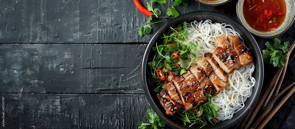 Poster a popular vietnamese dish called bun cha featuring grilled pork and rice noodles garnished with herb