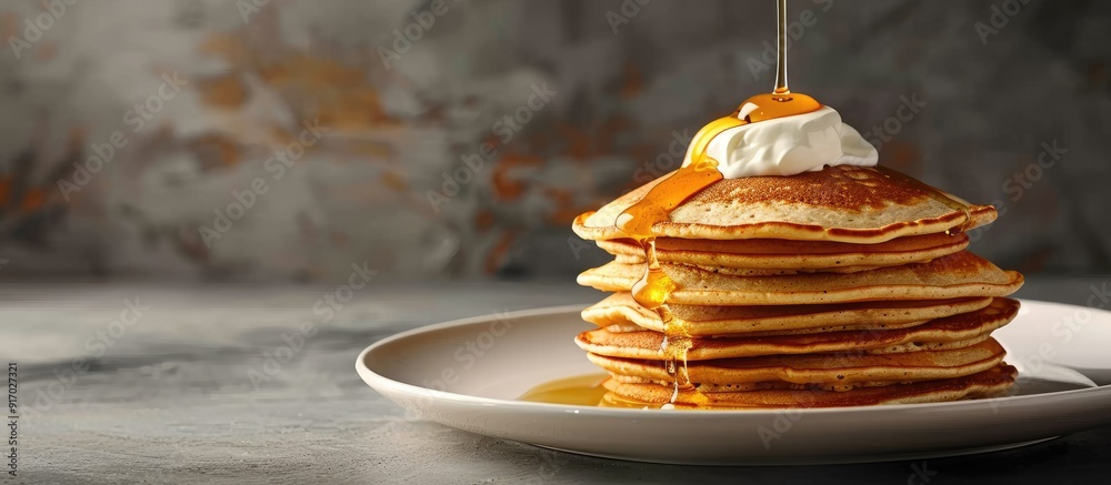 Poster gluten free buckwheat pancakes drizzled with honey and topped with sour cream ideal for breakfast or