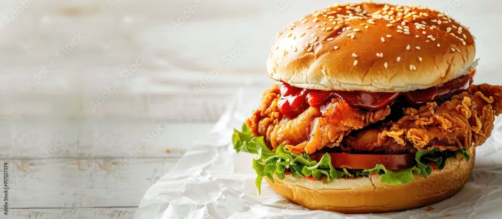 Aufkleber Burger with crispy chicken on a white backdrop with copy space image