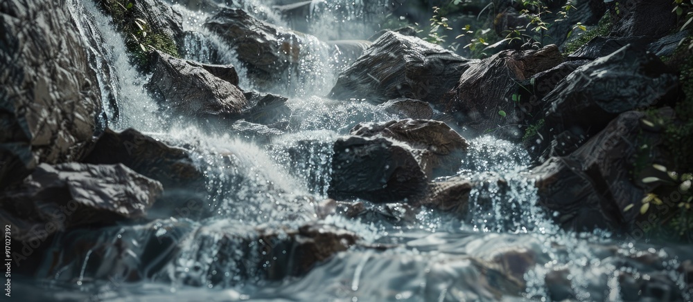 Poster water cascading down a rocky waterfall captured in a copy space image
