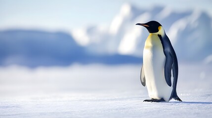 Fototapeta premium Emperor penguin standing majestic in bright Arctic landscape, pristine snow-covered ground, soft diffused sunlight, crystal clear air, light snowfall, pale blue sky.