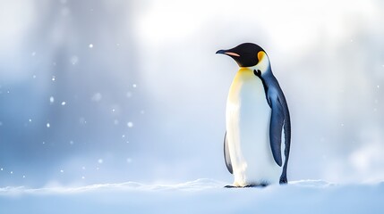 Fototapeta premium Emperor penguin standing majestic in bright Arctic landscape, pristine snow-covered ground, soft diffused sunlight, crystal clear air, light snowfall, pale blue sky.