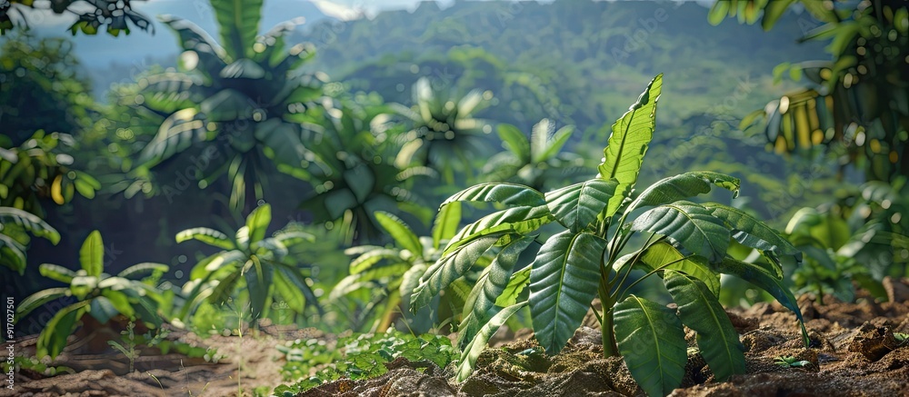 Poster cassava in the picturesque rural setting with lush greenery and beautiful scenery with copy space im