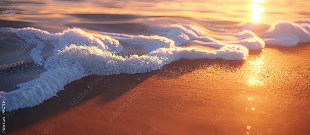 Poster a serene beach scene with a wave rolling onto the sand at sunset evoking feelings of holiday tranqui
