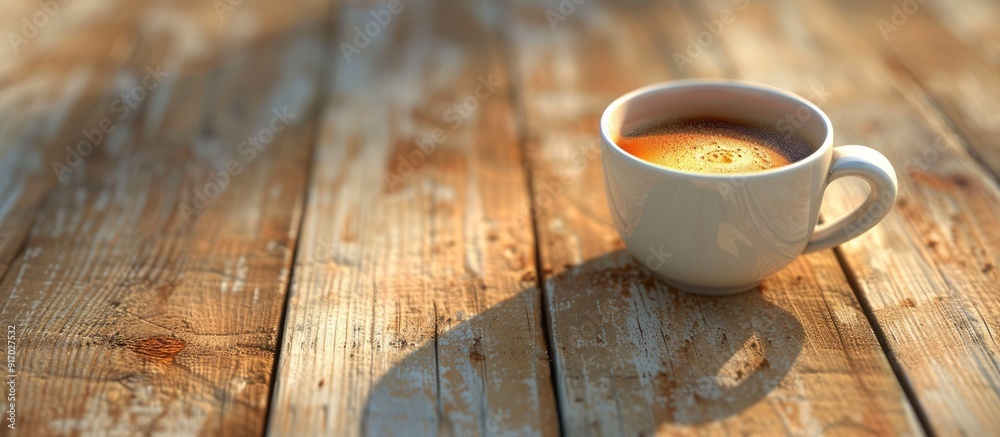 Poster close up shot of a cup of coffee on a wooden surface with ample copy space image