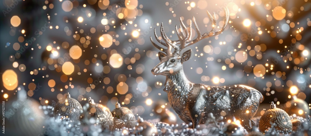 Poster silvery deer and lights backdrop in a christmas composition with copy space image