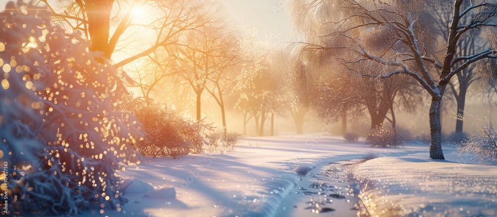 Poster winter landscape after a freezing rain with a bright sunshine illuminating it creating a scenic copy