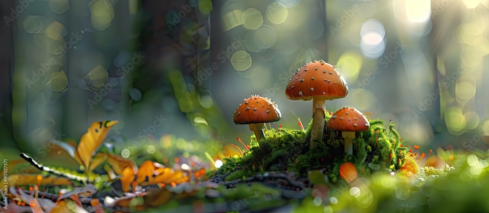 Aufkleber capturing detailed close up images of tiny fungi in the woods with a copy space image included