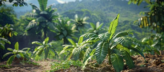 Obraz premium Cassava in the picturesque rural setting with lush greenery and beautiful scenery with copy space image