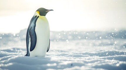 Emperor penguin standing majestic in bright Arctic landscape, pristine snow-covered ground, soft diffused sunlight, crystal clear air, light snowfall, pale blue sky.