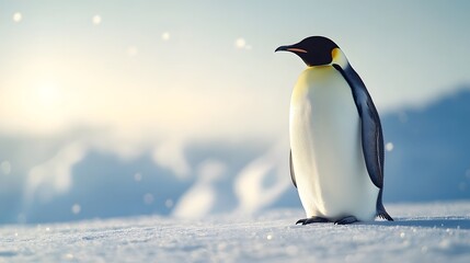Obraz premium Emperor penguin standing majestic in bright Arctic landscape, pristine snow-covered ground, soft diffused sunlight, crystal clear air, light snowfall, pale blue sky.