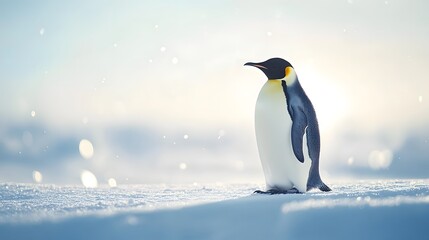 Emperor penguin standing majestic in bright Arctic landscape, pristine snow-covered ground, soft diffused sunlight, crystal clear air, light snowfall, pale blue sky.