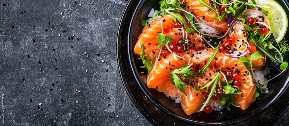 Poster japanese style salmon and seafood salad with a beautiful copy space image for visual appeal