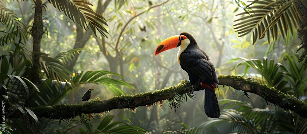 Poster A toucan bird perched on a tree branch in a lush tropical forest with a clear background for a copy space image