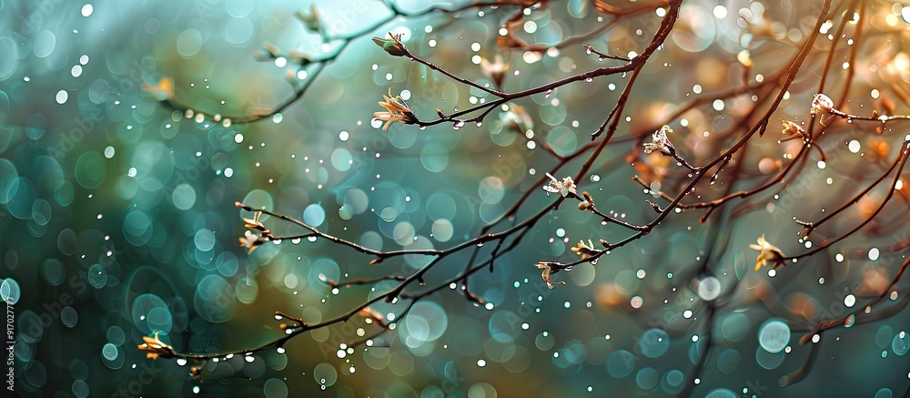 Poster rain droplets glisten on the tree branch in the copy space image