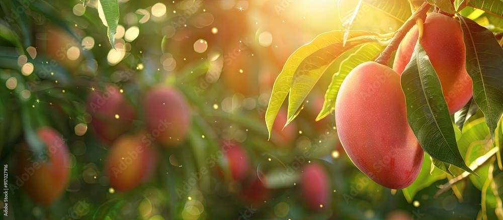 Poster red mango hanging from a tree branch with lush green leaves and a sunny background perfect for a cop