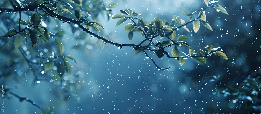 Aufkleber Rain droplets glisten on the tree branch in the copy space image