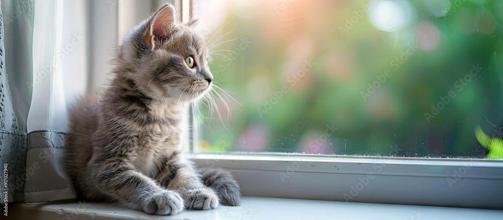 Poster Gray kitten sitting on a cozy windowsill gazing outside with a curious expression creating the perfect copy space image