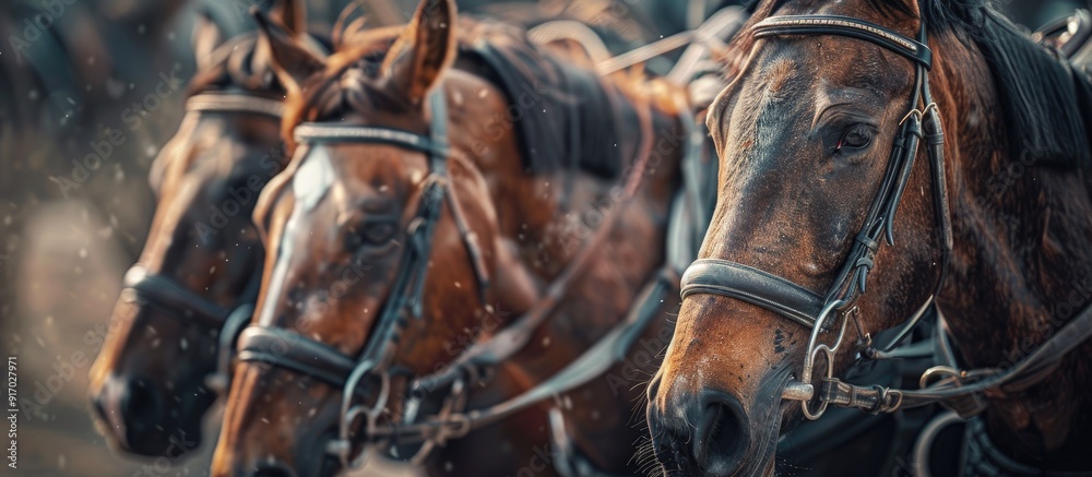 Poster Close up image of horses harnessed with copy space image