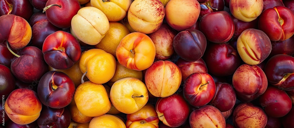 Poster vibrant nectarines displayed at the market with copy space image