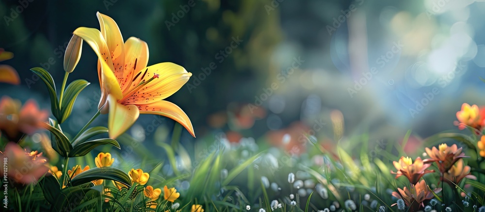 Poster a vibrant yellow lily blooming in a summer garden with a blank space for an image. . image with copy