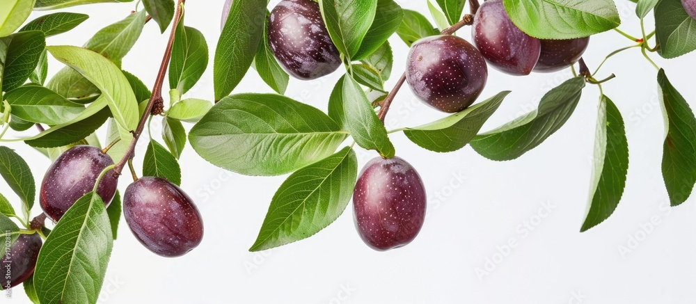 Poster maprang fruit also known as marian plum showcased with green leaves against a white backdrop emphasi