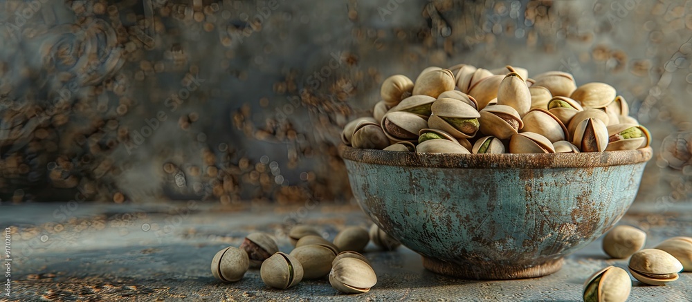 Poster pistachio nuts in a bowl with copy space image