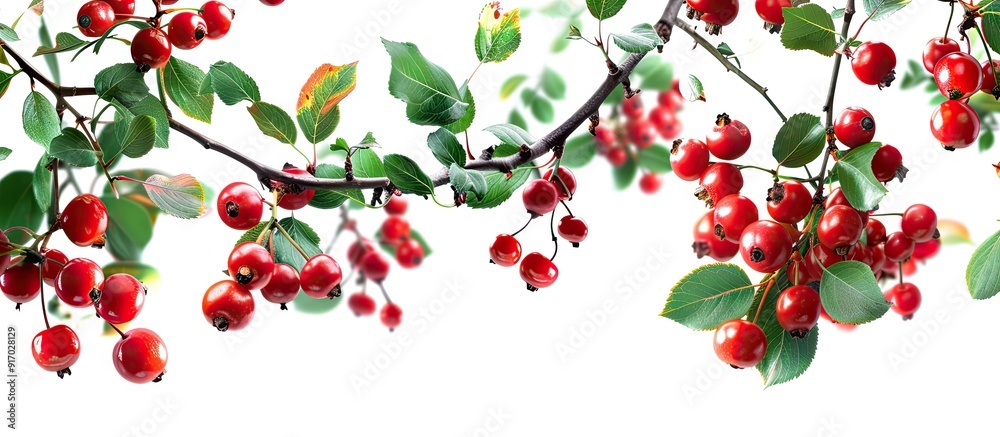 Aufkleber red ripe hawthorn berries are displayed on branches in a harvest of medicinal plants for treating vi