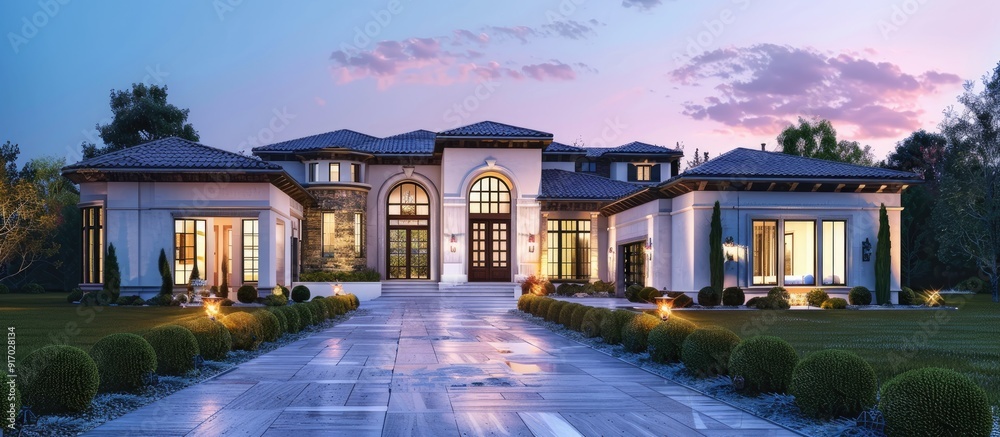 Wall mural exterior view of a newly built luxury home with empty copy space image