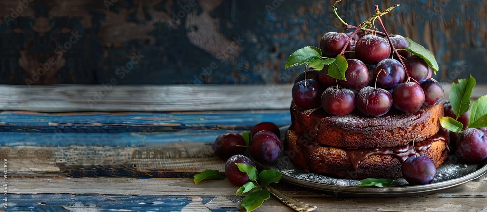 Aufkleber Plum cake in a rustic setting with a blue wood background perfect for a copy space image