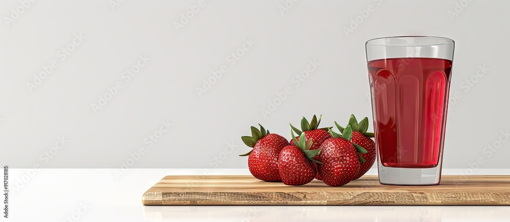 Poster a red glass cocktail can with water three strawberries and two dry spikelets of lagurus are displaye