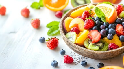 Fresh colorful fruits on white wooden table, berries and citrus, rustic bowl filled with peaches and grapes, sliced kiwi and orange, strawberries and blueberries scattered.