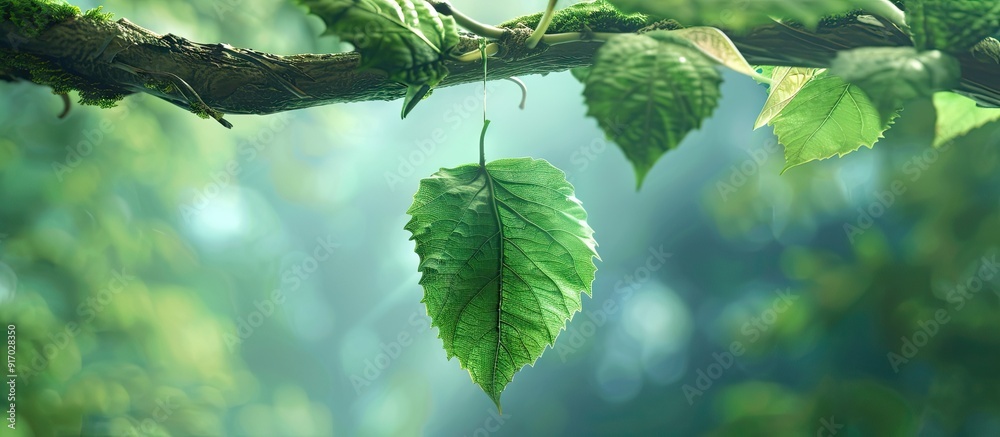 Poster A verdant leaf suspended from a tree branch with ample copy space image available