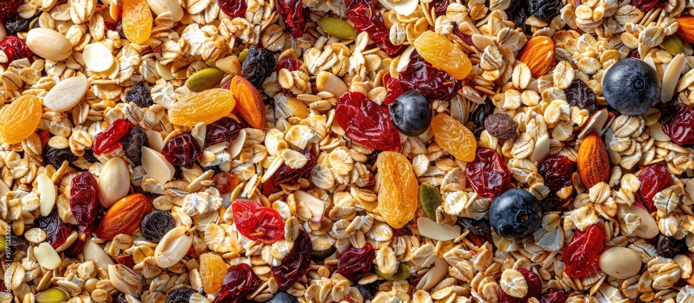 Aufkleber Nutritious granola or muesli blend featuring an array of dried fruits nuts and grains perfect for a copy space image