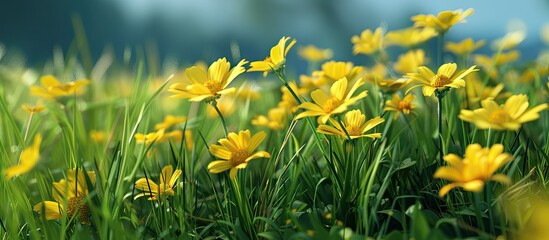 Fototapeta premium Yellow flowers blooming beautifully in a spring field showcasing a charming scene with copy space image