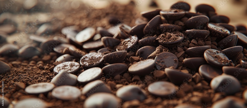 Poster A plethora of chocolate chips crumbs and chocolate remnants ideal for culinary and dessert creations create a picturesque scene in the copy space image