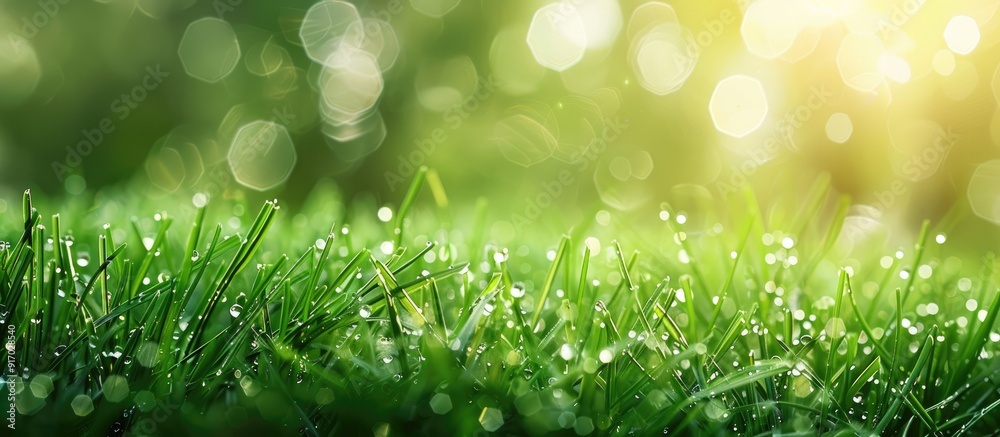 Poster Green grass with water droplets featuring shallow depth of field in copy space image