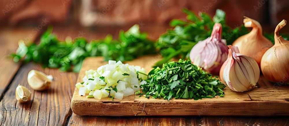 Poster freshly chopped garlic onion shallot and parsley displayed on a wooden board with copy space image