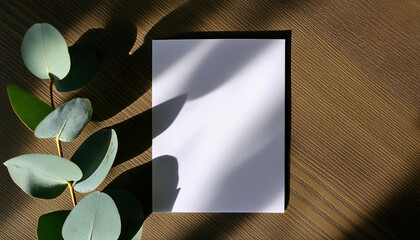 Eucalyptus leaves and blank sheet of paper on wooden table, copy space for your design.