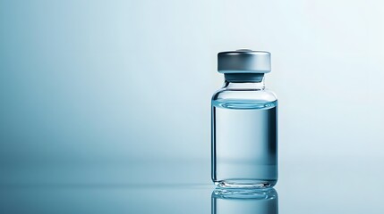 Glass vial with transparent liquid, medical vaccine bottle, metallic cap, reflective surface, clean minimalist background, soft blue tones, pharmaceutical photography.